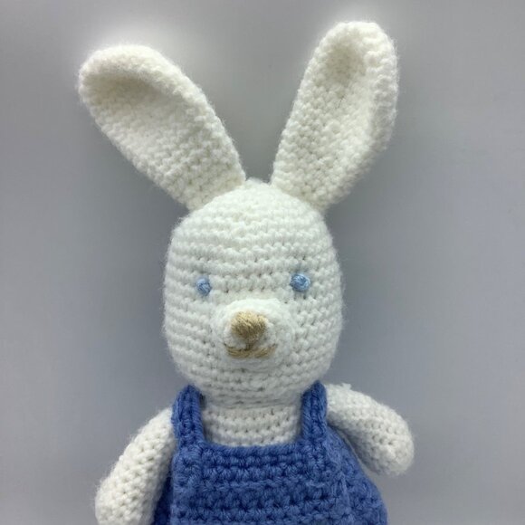 Easter Handmade Crochet Bunny Plush Toy In Blue Overalls 12” Baby Gift - Picture 2 of 4